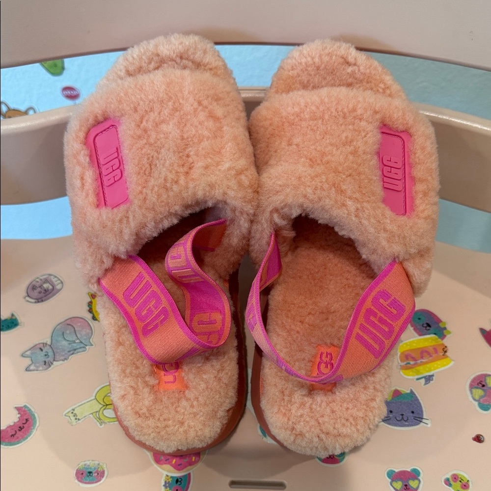 UGG Peach Sherpa Slide Sandals with Pink Logo Strap